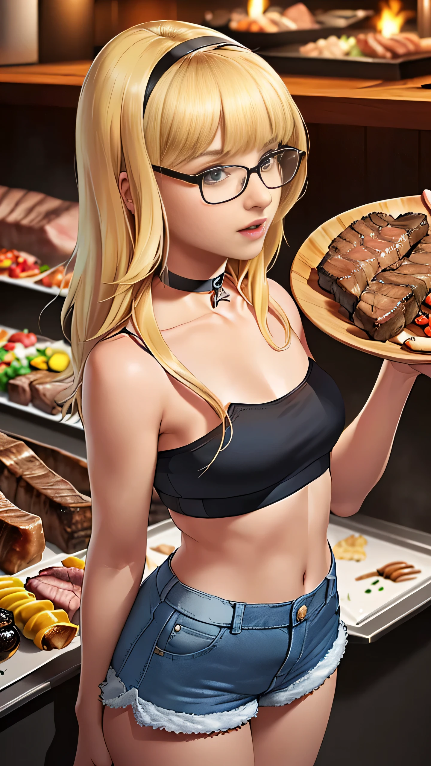 Bernadette Rostenkowski, (Bernadette Rostenkowski:1.5), masterpiece quality, (masterpiece quality:1.3), detailed, realistic, (realistic:1.3), 1girl, solo, (solo:1.9), 30 years old, in a Brazilian steakhouse, (in a Brazilian steakhouse:1.5), lots of meats in background, (lots of meats in background:1.5), shoulder-length hair, (shoulder-length hair:1.5), blonde hair, (blonde hair:1.5), wearing black tube-top, (wearing black tube-top:1.9), wearing blue jean shorts, (wearing blue jean shorts:1.5), wearing choker collar, (wearing choker collar:1.5), wearing glasses, (wearing glasses:1.5), thin body, small breasts, (small breasts:1.5),