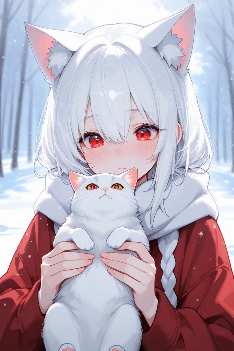 Beautiful girl delights with white haired cat ears, cold red eyes around you can't see anything