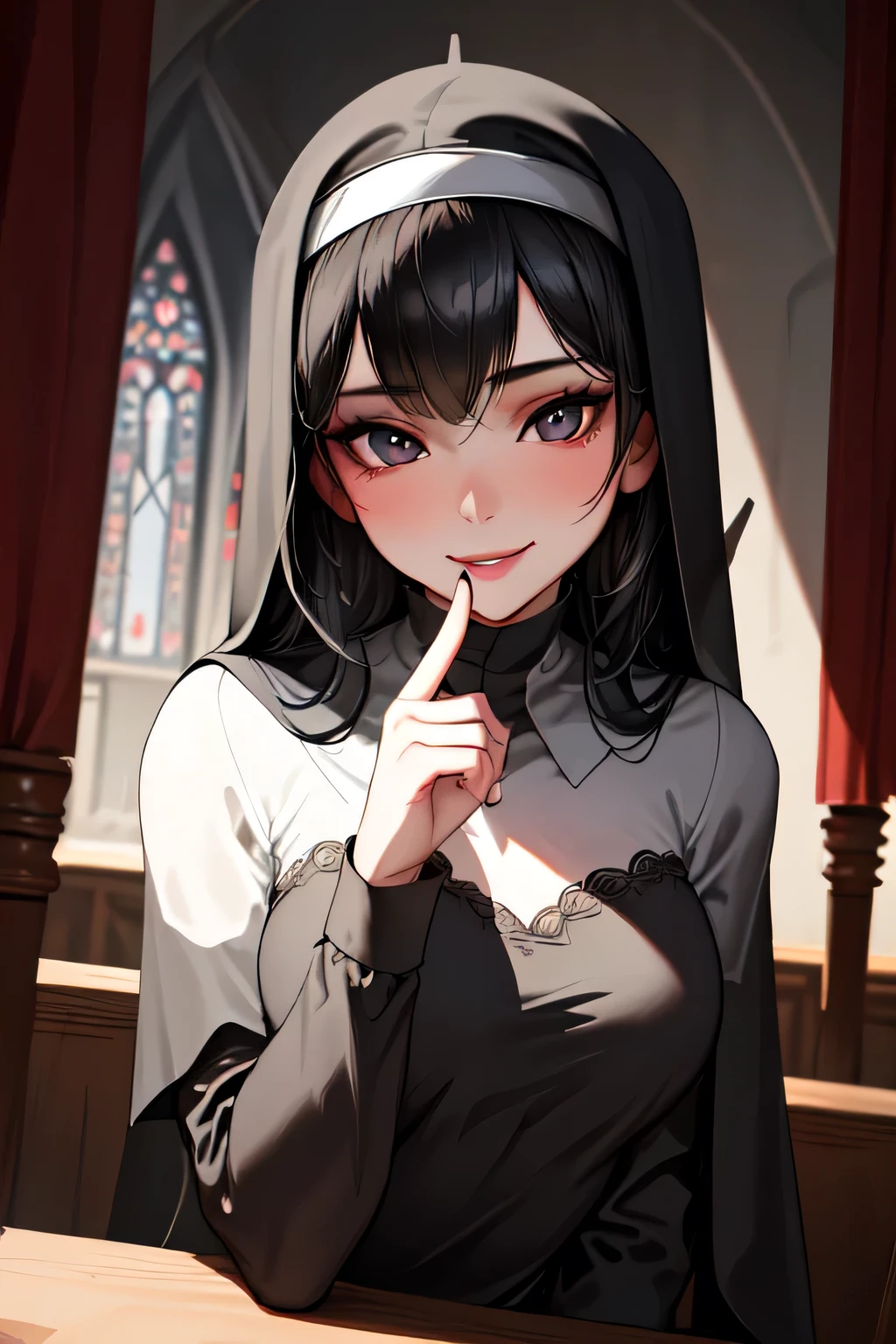 pov, beautiful young woman, gazing at viewer, black hair, nun outfit, gothic church confessional booth, finger to lips, sexy look, mischievous gentle smile, immoral, close-up portrait, dramatic lighting, chiaroscuro, soft shadows, warm candlelight glow, delicate facial features, moist lips, subtle makeup, silky veil, ornate wooden booth, cinematic atmosphere, highly detailed, semi realistic, 4k