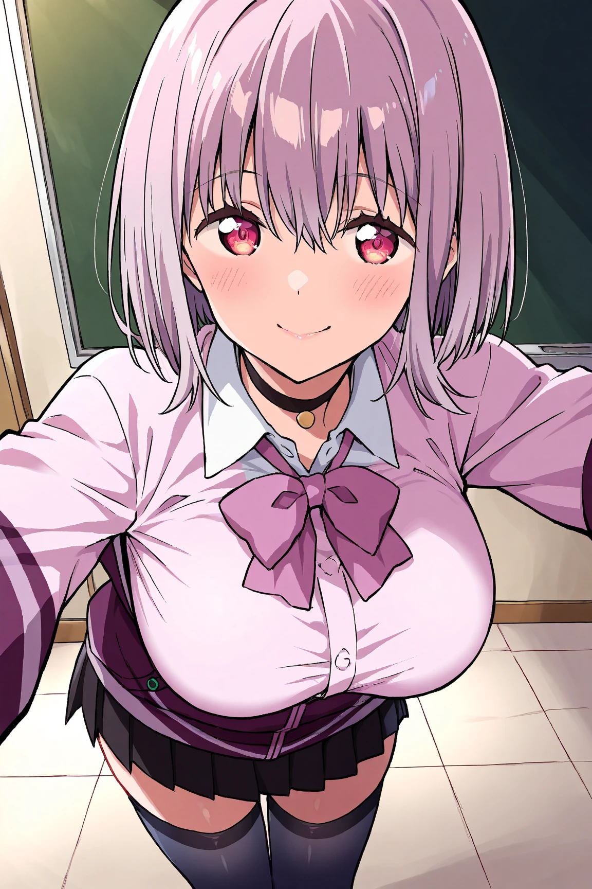 Cute naughty shrine maiden, Pastel colors hair, medium breasts, Thighs, short hair, (beige hair, parchment hair), (naked:1.3), (forehead:1.2, bangs pinned back, asymmetrical bangs, hairclip, side ponytail:1,2), standard height, (light smile, Large eyes, yuruyuri), at the adventurer's guild, A bulletin board with posted paper