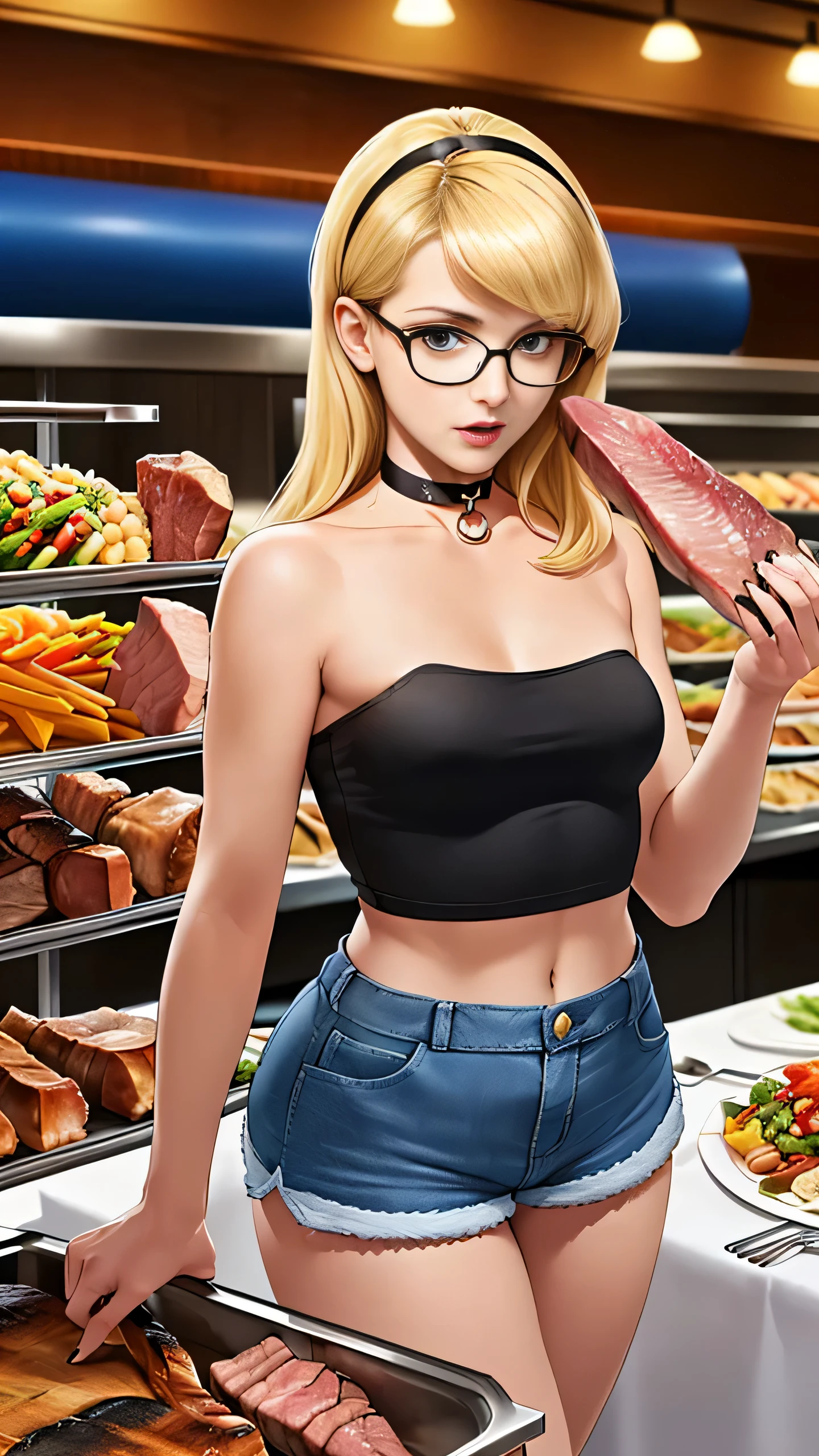 Emma Watson, (Emma Watson:1.3), masterpiece quality, best quality, realistic, (realistic:1.3), detailed, realistic, 1girl, alone, (solo:1.9), 20 years old, young beautiful face, at a buffet, (buffet:1.5), in a tavern, lots of food in background, lots of meat in background, food on shelves in background, long hair, (platinum hair:1.5), naked breasts, (naked breasts:1.9), wearing blue jeans, (blue jeans:1.5), wearing choker collar, small breasts, (small breasts:1.5), thin body, worried, (worried:1.5),