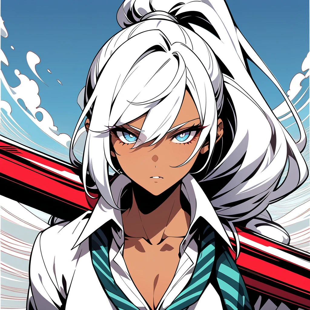 anime character, White hair, afro hair, ponytail, bright blue eyes, Long white eyelashes, male, tall, big glossy lips, , grey eyebrows, , black baggy outfit, muscular