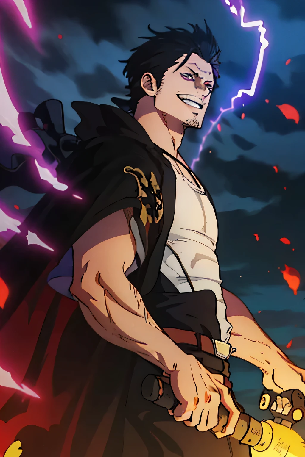 *"A mysterious and charismatic anime character stands in a dark, stormy battlefield — his name is Toronto. He is a sleek, lean warrior with an arrogant smirk etched permanently on his face, his slicked-back black hair glistening under the purple lightning in the sky. His hair, smooth and tightly styled back with precise detail, reflects light like polished obsidian, emphasizing his sharp facial features and intense anime-style eyes that burn with a deep violet glow. His sharp jawline, high cheekbones, and arched eyebrows give him a striking, villainous beauty — elegant yet dangerous.

Toronto wears a sleeveless, dark black jacket inspired by Yami Sukehiro’s cloak from Black Clover, modified into a more modern, tactical, anime-style cut. The jacket is slim-fitted, flaring slightly at the hips, with intricate glowing violet runes embroidered across the fabric. His physique is toned but not bulky, built for speed and deadly precision — his silhouette sleek and deadly like a panther in motion.

In each hand, he wields cursed twin pistols, crafted with a stylish anime twist — long, futuristic barrels etched with dark sigils, and wrapped in swirling, cursed purple energy. The guns drip with malevolent aura, their tips glowing with a chaotic, magical light. His fingers rest on the triggers confidently, as if he’s always seconds away from unleashing a devastating combo attack.

The scene is set in dramatic anime-style lighting — a thunderous sky filled with crackling violet energy, the battlefield littered with dust, embers, and magical sparks. His long, slick hair dances slightly with the cursed wind, while his violet aura wraps around him like a demonic flame. His expression is cocky, fearless — a grin of someone who has nothing to prove but enjoys the thrill of battle.

The art style is detailed anime with cinematic shading, glowing magic effects, ultra-sharp line work, and a dynamic pose. Think MAPPA meets Ufotable quality, with extreme attention to the shine of his hai