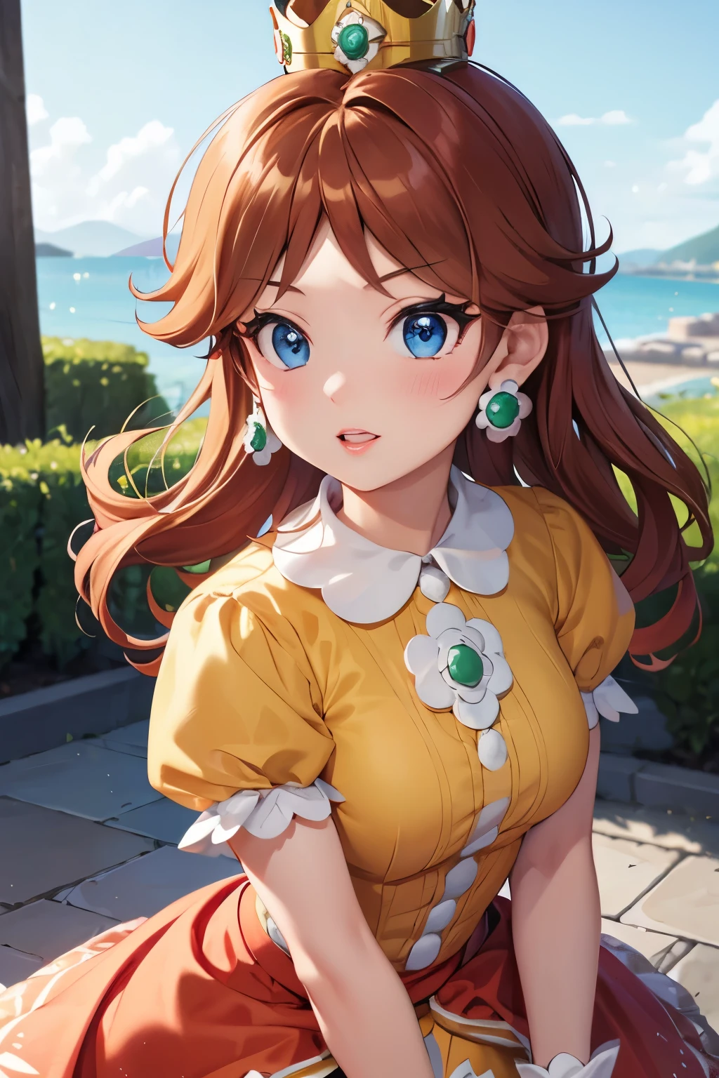 (8k, raw photo, masterpiece, extremely detailed, best quality, professional lighting, high res), (cartoon, cartoon lines:1.5), BREAK beautiful and adorable girl, mischievous girl, lora:daisy1-000015:1, princess daisy, blue eyes, long hair, orange hair, (big eyes, cartoonish eyes, thick lips, lipsticks, energetic:1.3), crown, daisy, dress, flower, gem, gloves, orange dress, puffy short sleeves, puffy sleeves, short sleeves, white gloves, BREAK kingdom, castle, outdoor