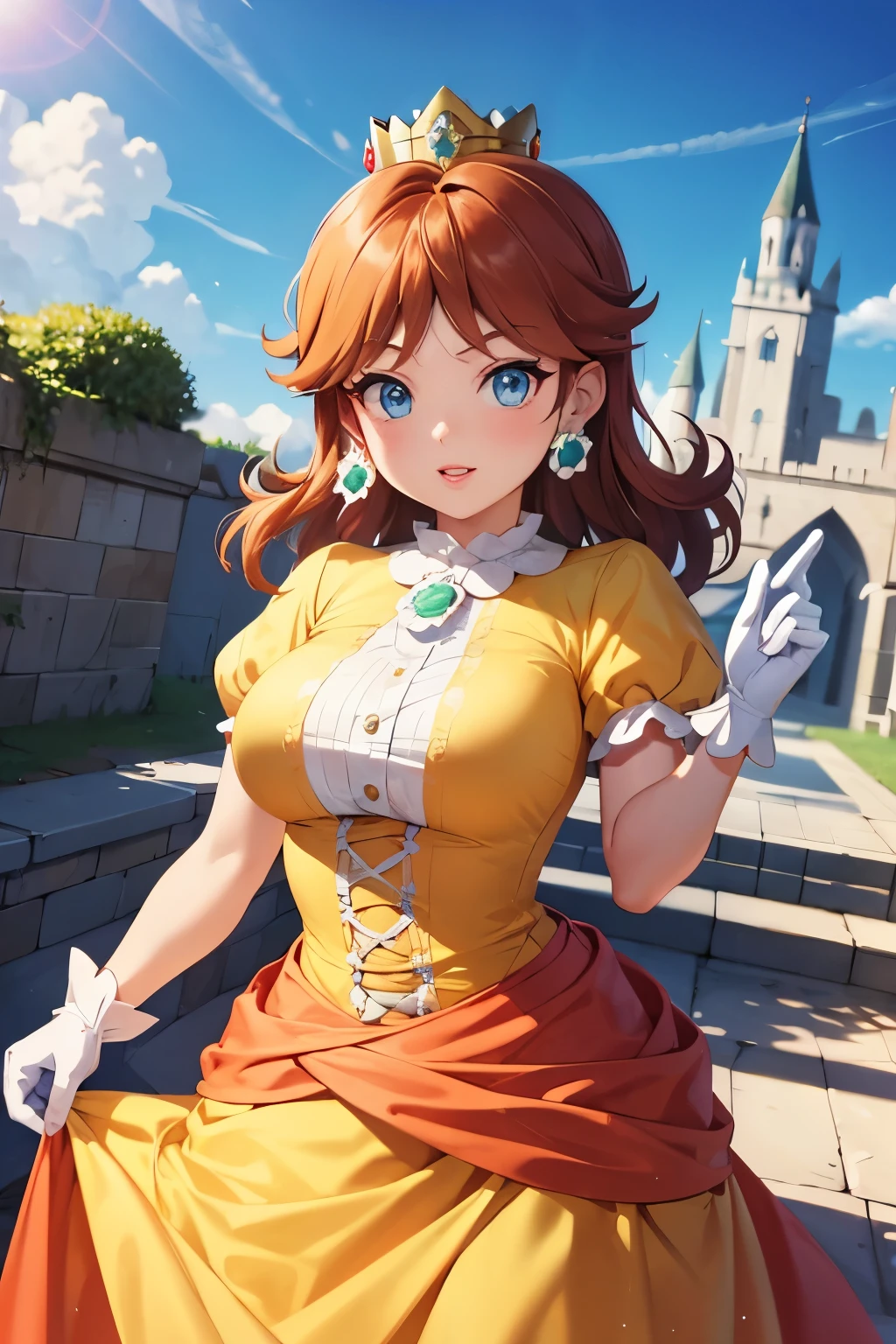 (8k, raw photo, masterpiece, extremely detailed, best quality, professional lighting, high res), (cartoon, cartoon lines:1.5), BREAK beautiful and adorable girl, mischievous girl, lora:daisy1-000015:1, princess daisy, blue eyes, long hair, orange hair, (big eyes, cartoonish eyes, thick lips, lipsticks, energetic:1.3), crown, daisy, dress, flower, gem, gloves, orange dress, lifted lashes, puffy short sleeves, puffy sleeves, short sleeves, white gloves, BREAK kingdom, castle, outdoor