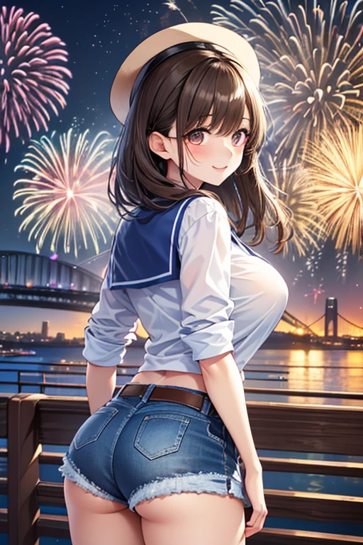 masterpiece, Highest quality, Ultra-high resolution, (beautiful girl: 1.3), Low ponytail、Black Hair、Looks about 15 years old、 (Blue sweatpants: 1.3), (Blue Track Jacket: 1.3), Rear View、big, Round and shapely ass、night、Riverbank、((Look at the beautiful shape of her butt, Very big and round)),Leaning forward,(((Background fireworks))),(((knees up))),