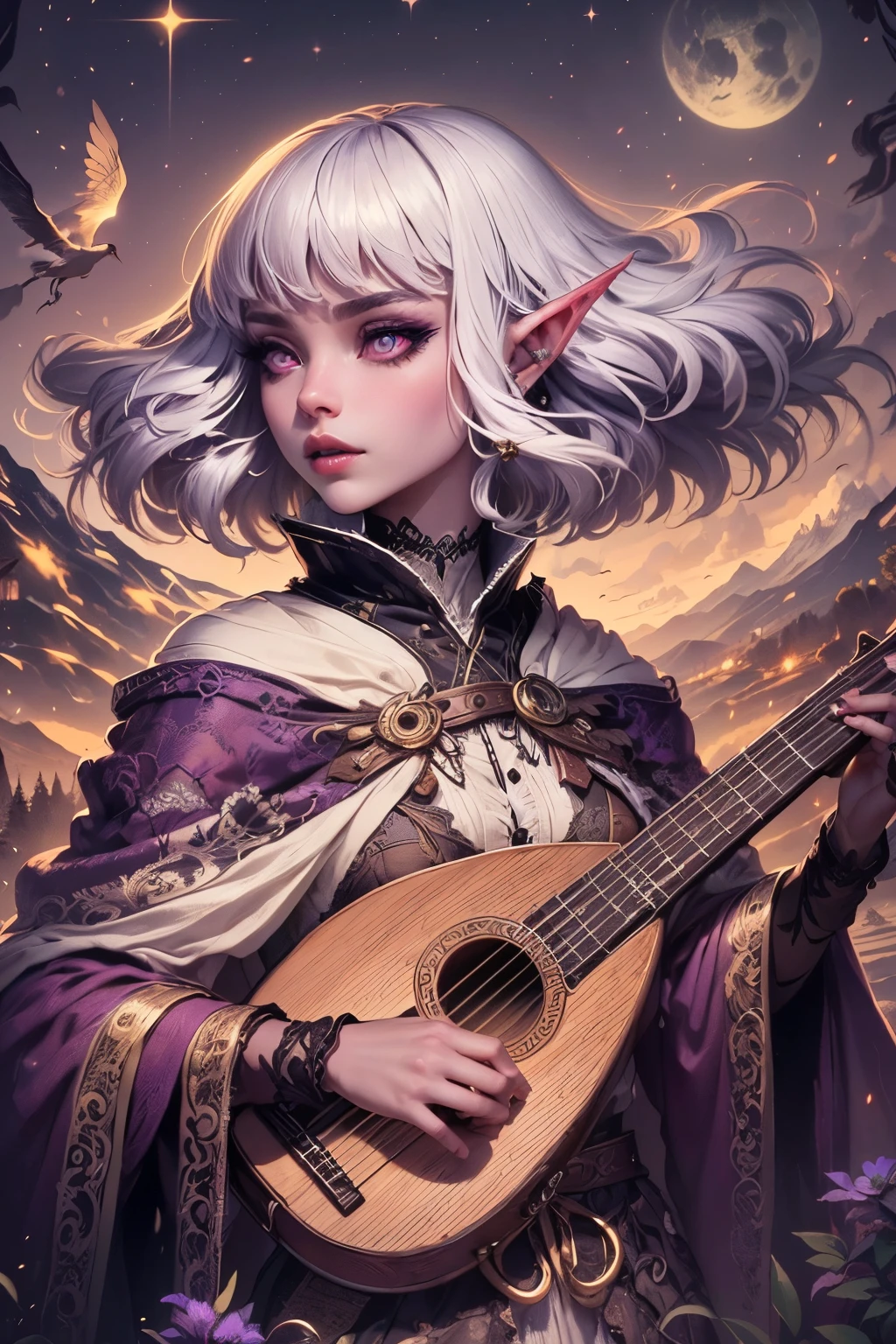 (Ultra-detailed face, Looking Away, Gothic Illustration, Dark Tone Colors.) , BREAK
(In a night garden with a view of beautiful mountains in the distance in medieval Europe, a female dark elf bard is walking slowly and playing her lute with bold poses and large movements. The notes dance to the music.) , BREAK
(She has white hair and eyebrows, a crisp fringe, shoulder-length hair, small pink lips, lavender eyes, dark purple skin, and eyeliner.), and (She wears a necklace with a wide lace choker and gold braid. She wears a classic medieval European-style wrap dress of grape-colored, loose-fitting fabric overlaid with thin lace fabric. She wears laced heels with thin jet-black laces.)