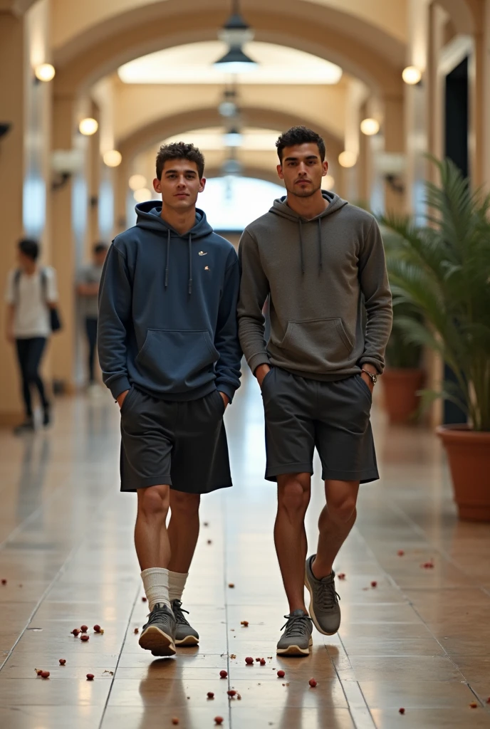 18 year old boys in leggings sit on a bench in the forest and touch their crotches
