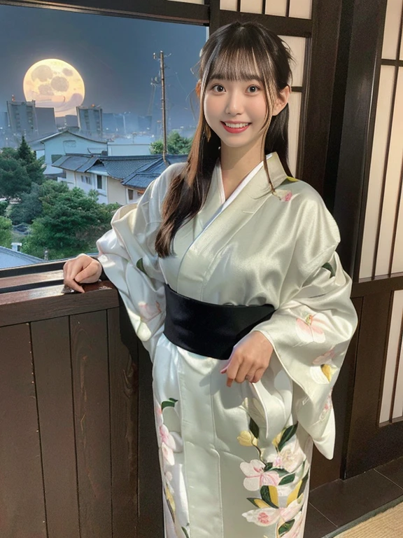 Create a realistic 3D image, wide angle, full body, highest resolution, beautiful, cute Japanese girl, 20 years old, wearing a kimono, bright colors, beautiful patterns, according to fashion, showing off her cleavage, walking and admiring the beauty of Shinjuku Gyoen National Garden