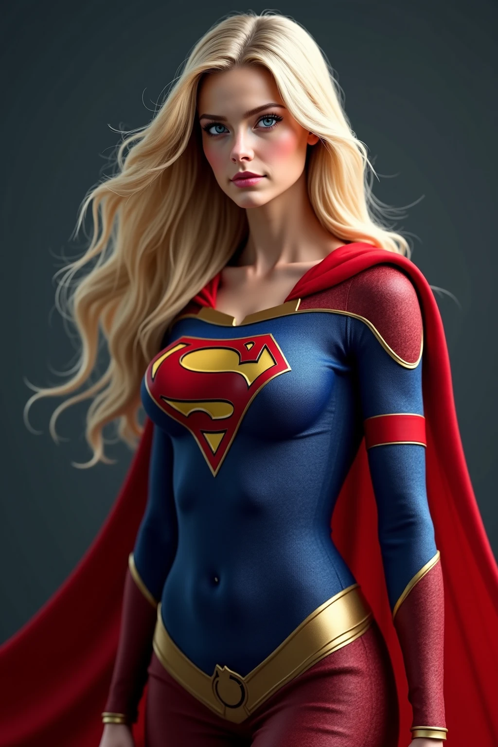A beautiful woman with long blonde hair three feet long wearing the costume of the Kryptonian Kara Zor-El aka Supergirl Outfit Blue and red leather jacket Red corset with Superman emblem on her chest Yellow leather pants Red knee-high boots with gold trim Long gold bracelets Headband with Superman logo or emblem on her forehead