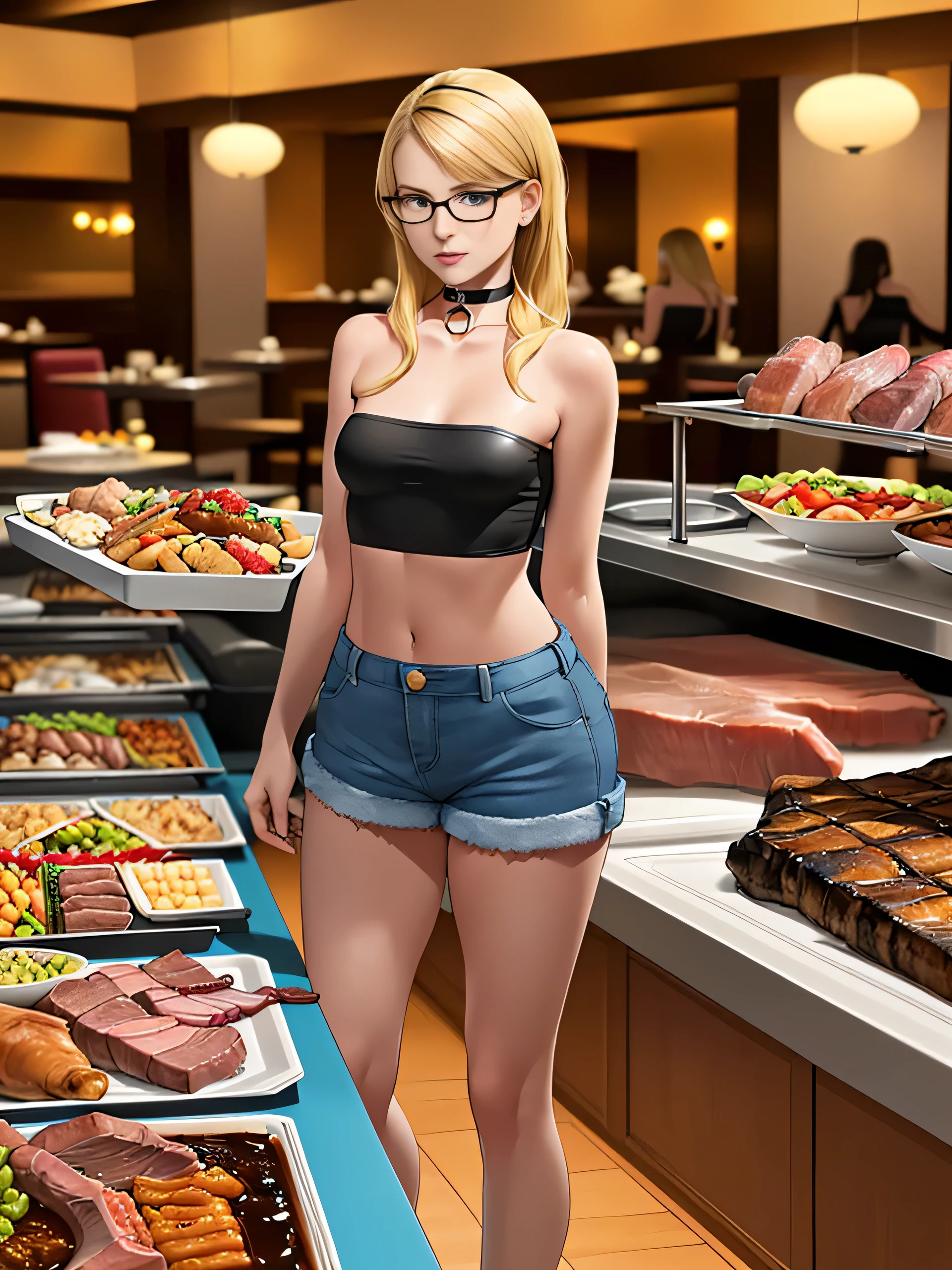 January Jones, masterpiece quality, (masterpiece quality:1.3), detailed, realistic, (realistic:1.3), in a busy restaurant, lots of food in background, food everywhere, buffet table in background, short hair, platinum hair, naked body, (naked body:1.5), wearing choker collar, small breasts, (small breasts:1.5), thin body,