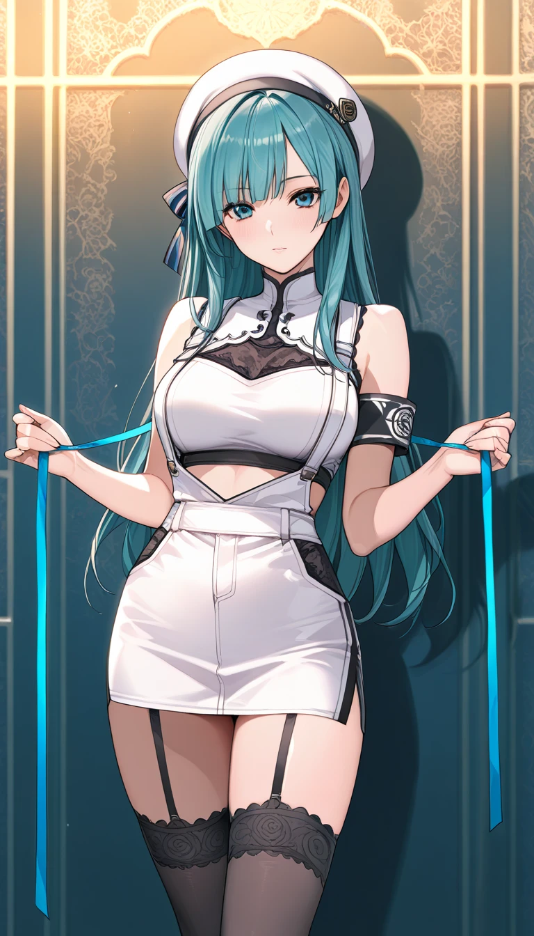 ((masterpiece)), ((best quality)), (ultra-detailed), NSFW, ((torture chamber)),(torture),(((single narrow belt strongly bound waist))),a cute girl, 1girl, solo, (white mini tanktop dress),(chain bound arms), (both hands are bound and is hung from the ceiling),((thin waist)),((bdsm)),beautiful teal hair, beautiful white eyes, (beautiful eyes), long hair,troubled expression, very long wavy teal hair, twintails, straight bangs, round white eyes, neutral face, cheeks, medium breast,