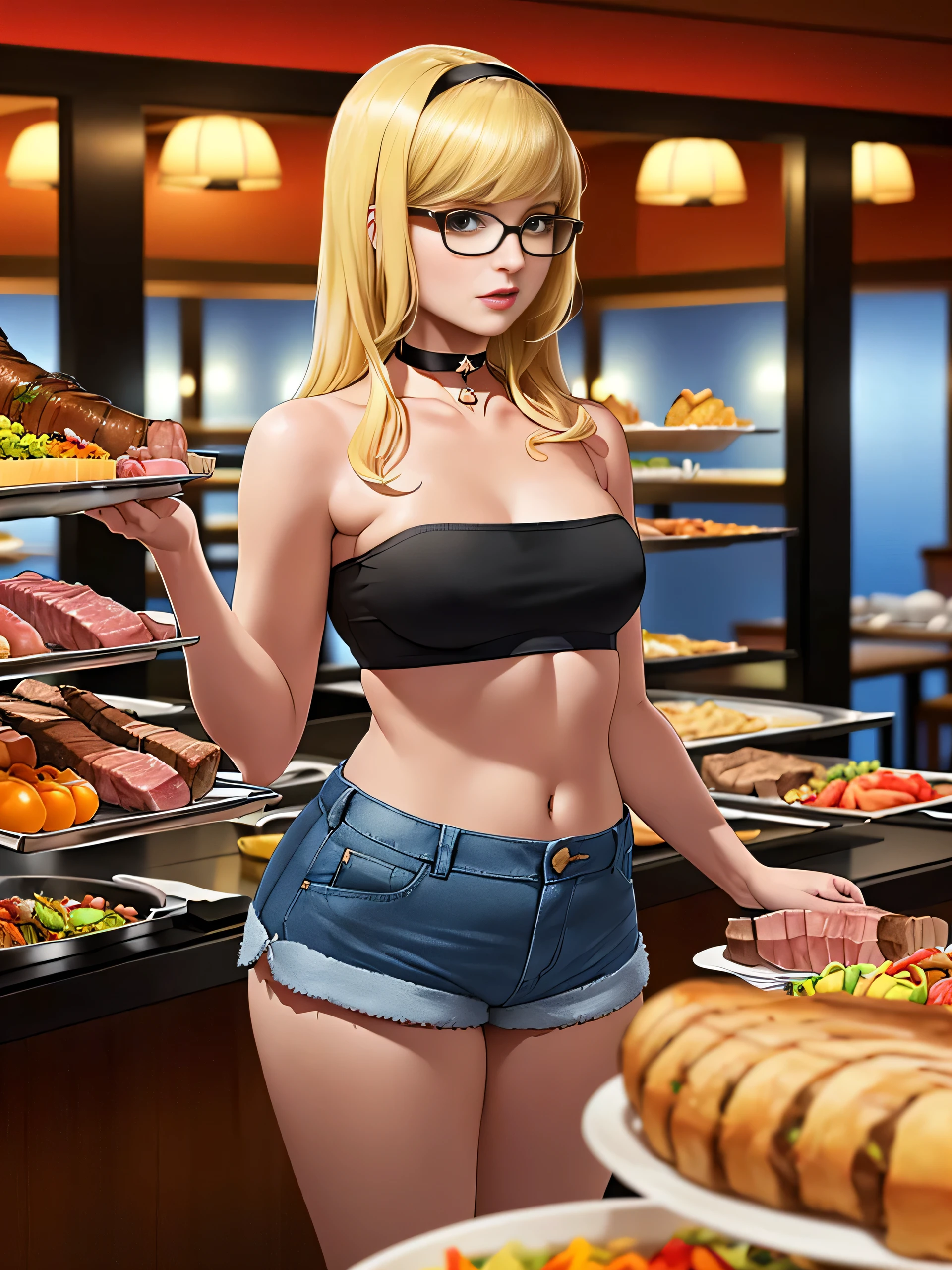 Christina Hendricks, masterpiece quality, (masterpiece quality:1.3), high res, realistic, lots of detail, alone, 1girl, (1girl:1.9), solo, in a busy restaurant, large buffet table in background, at a Golden Corral buffet, short hair, wearing choker collar, wearing black crop top, wearing blue jean miniskirt, wearing fishnet stockings, wearing g-string, thin body, (thin body:1.5), small breasts, (small breasts:1.9), lots of cleavage, smiling,