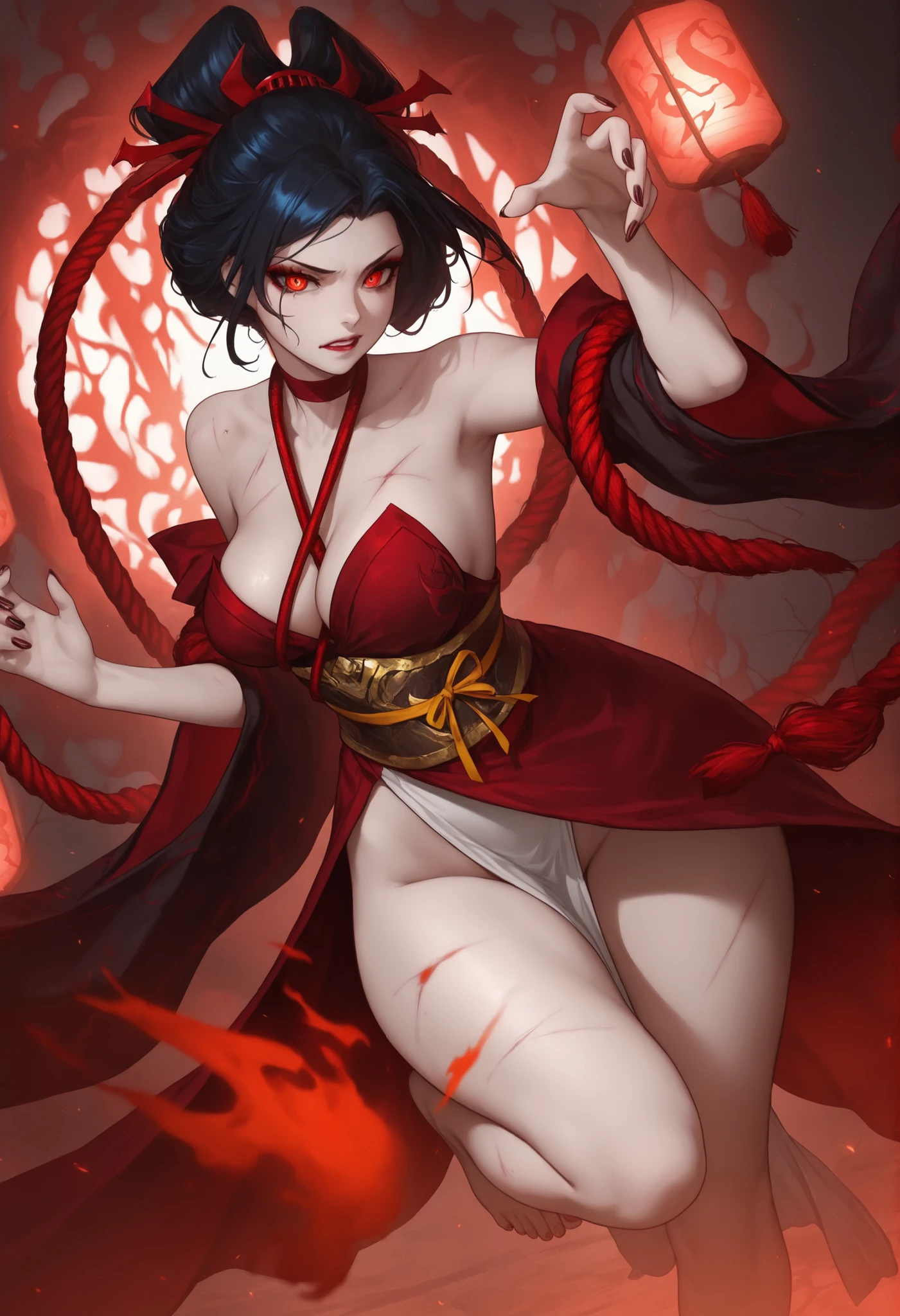 ((highest quality)), ((masterpiece)), (be familiar with),One female,Black Hair,Red eyes,Black Dress,Chest tattoo, Bewitching Smile,Heel,Black Hair,Hair tied around the neck,Red shawl,Erect nipples,whole body,Slanted Eyes