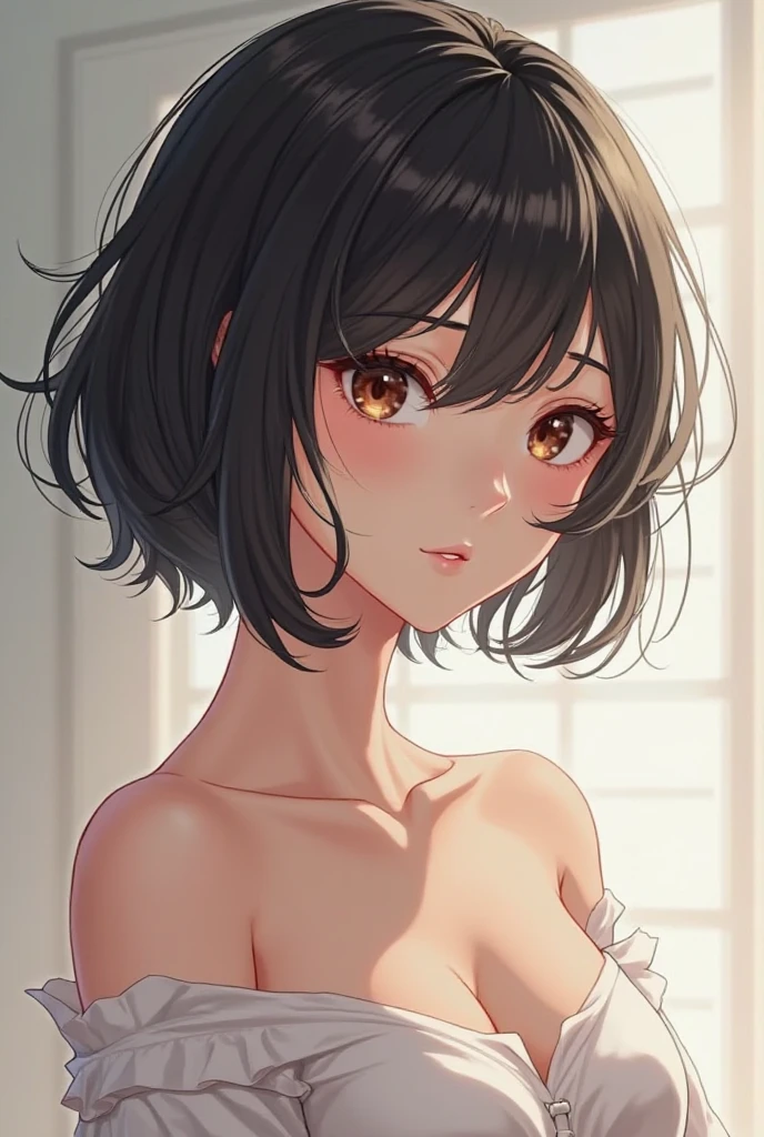 Anime girl with black curly short hair and naked
