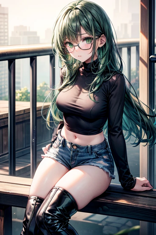 Garota delicious, light green hair with black stripes, skin black, linda, very beautiful, muito delicious, super big beds, sexly, muito sexly, hentai, loose black shirt, very short black denim shorts, glasses, mitts, delicious, complete body.