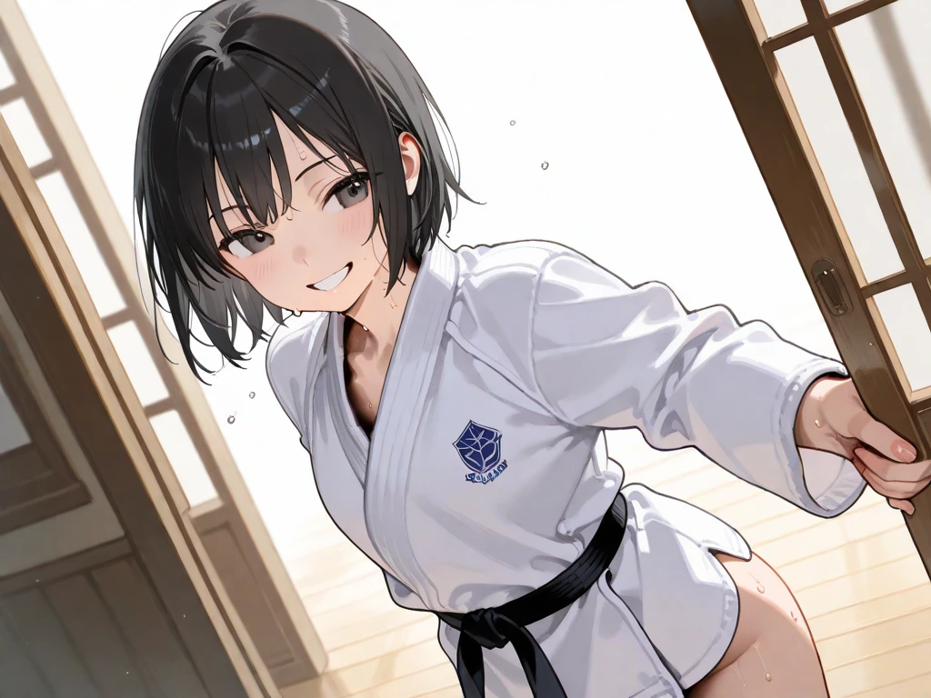 ((masterpiece, highest quality:1.2)),cowboy shot,1woman、20 year old beauty,Japanese、Karate athletes、solo,((very small head)),short bob hair,black hair,black eyes,A strong smile、,((very long and slender body)),skinny,toned body,medium breasts,oily skin,shiny skin,sweat,Karate posture、White karate uniform tops and bottoms、Black belt in karate、barefoot、Karate Dojo、Karate practice area、Tatami floor、