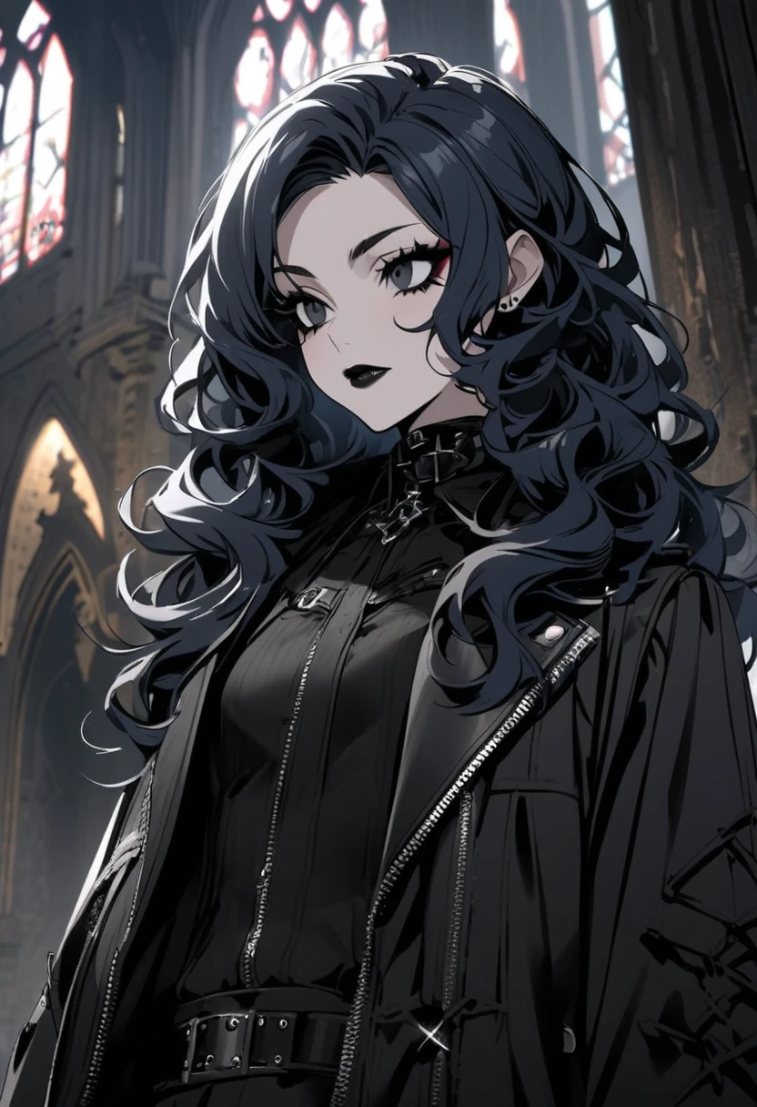 Horror theme, underworld theme, dark element,portrait, realistic high quality masterpiece, (beautiful) Japanese female,sad face, detailed face, age 27, symmetrical eyes,symmetrical face,subtle vampire fangs, violet eyes, wavy long black hair, walking down dark,black magic, foggy, misty, moonlit alley,clouded quarter moon in sky in background, moonlit,with fog and shadows, spooky,nightime,cinematic lighting,dressed conservatively, wearing a deep purple lace top & double breasted coat black (buttoned up) closed coat black, medium length black skirt black., fix hands, detailed lips