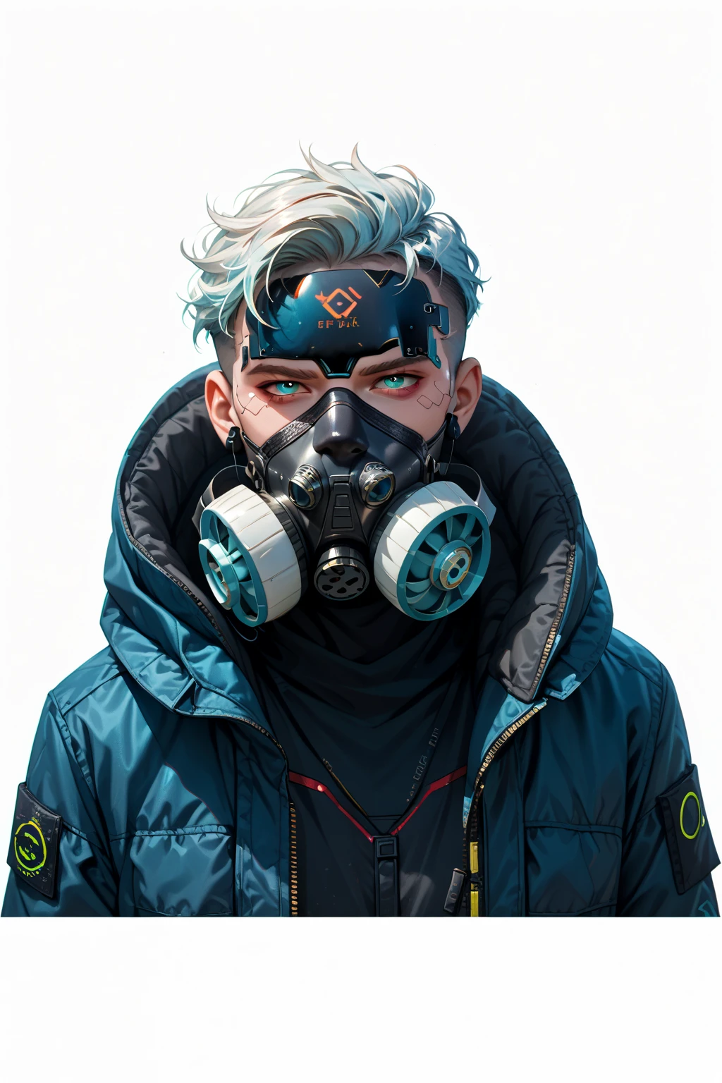 Young man with medium-length light blue hair, light blue eyes, black pants, skeleton motifs on clothing, gas mask-style mask over mouth, tight-fitting black leather sleeveless t-shirt with ribcage motifs, tight-fitting clothing, visible navel, freckles, tattoos, long eyelashes, war paint on dripping face, does not smile, beautiful eyes, delicate features, soft colors, serene atmosphere, high quality, detailed, photorealistic, photo-realistic:1. 37, 4k, ultra-detailed, extremely detailed, hyperrealistic, highly detailed, masterpiece:1.2, vibrant colors, natural lighting, cinematic, dramatic, fantastic, magical, surreal.