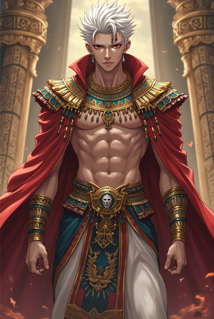 absurdities, High resolution, ultra detailed, HdR, masterpiece, Extremely detailed face and eyes, Red hair, disheveled, bushy eyebrows, White skin, serious, expressive blue eyes, detailed eyes, LOOKING AT THE SPECTATOR, 1 man, 30 year old man, Red hair, rasgos masculines, elegant, magical clothes with golden details, masculine, sorcery clothing, coffee tones clothing, egyptian theme, Complete plan