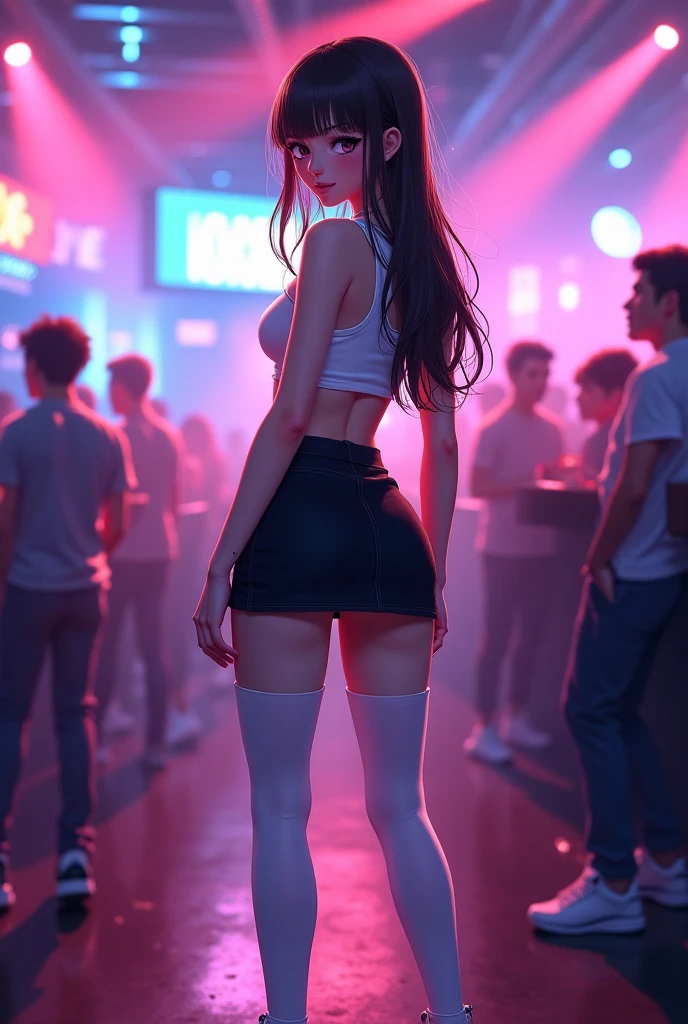 1 girl dancing in a club、(Real Texture、A detailed face、Beautiful hands、Beautiful feet、a navel、tights)、8K、Super Graphics