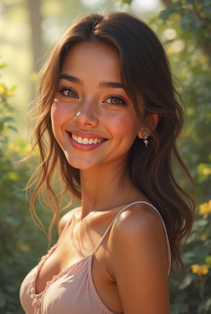 Nsfw, top quality, Photos in RAW format, realistic face, incredibly beautiful girl, Create a highly realistic image of a 21-year-old Indian-origin girl with a cute and charming appearance. She should have a natural, warm, and friendly smile, a round face with soft, smooth skin, and large, expressive brown eyes. Her eyebrows are naturally thick and arched, complementing her small, delicate nose and full lips. Her long, dark brown hair is slightly wavy, parted in the middle, with some strands casually falling over her forehead. Her complexion is light, with a subtle blush on her cheeks. She is wearing nothing her breasts are 36D
The image should be set in a serene park during daylight, with soft sunlight filtering through the trees, a bench nearby, greenery, and flowers. The overall appearance should be of a real-life young woman, with natural lighting, textures, and lifelike features, not a cartoon or stylized illustration. The expression on her face should reflect youthfulness, joy, and authenticity.