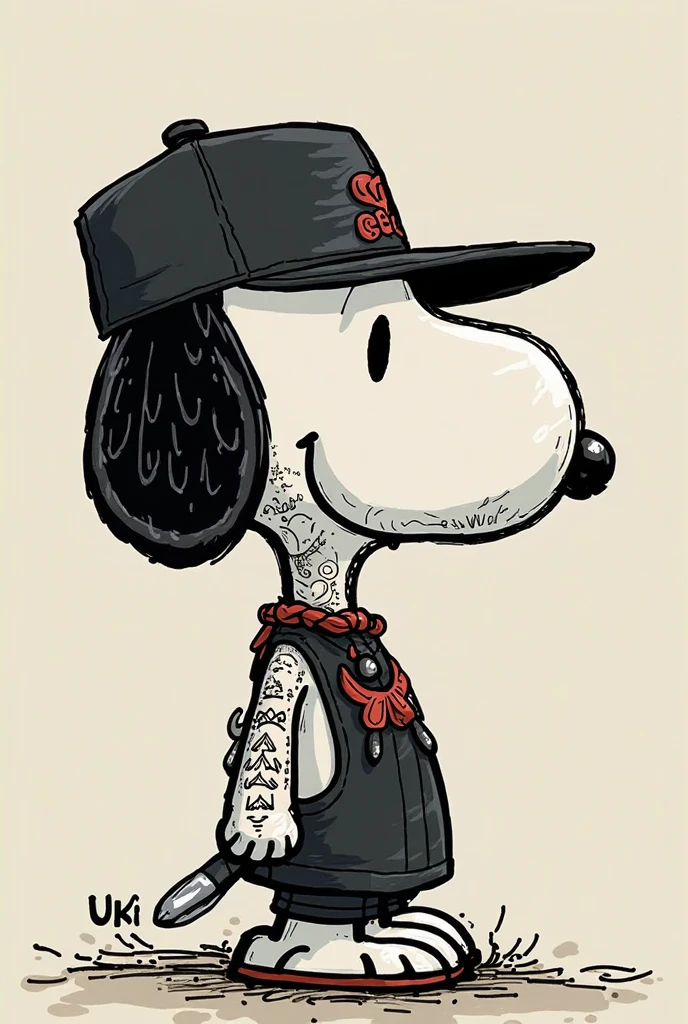 A tattooed Snoopy smoking a cigarette Black and white