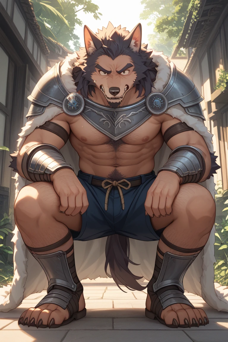 lion,fat uncle,Military medical uniform(Open upper body),Station in the snow。