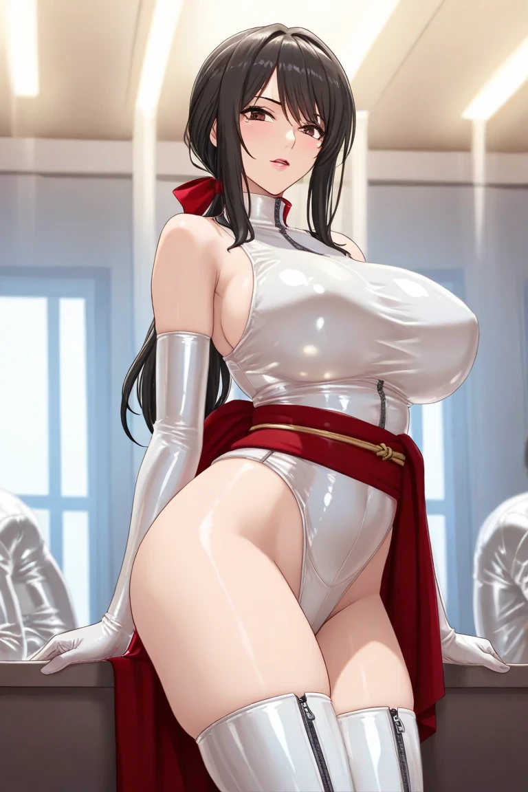 A seductive young woman with short twisted braids,(beautiful tits:1.7), wearing a transparent white short loose (see-through:1.7) cheongsam, braless,(without underwearing:1.7),and posing in various alluring positions on a circular bed, with a smirk on her face. She is not wearing any undergarments, revealing her body in its entirety. The scene is set in a luxurious bedroom, complete with silk sheets, velvet curtains, and a large crystal chandelier. The mood is sensual and provocative, yet playful, with a hint of mischief in the woman's expression. The warm, soft lighting from the chandelier casts a golden glow on the room, creating a dreamy and intimate atmosphere