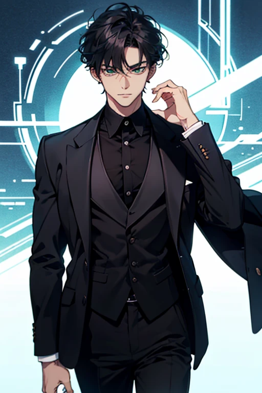 of a guy, brunette color hair, Black eyes, black suit jacket, White color blouse, Black trousers, Random background,dynamic angle,temperament,opulent