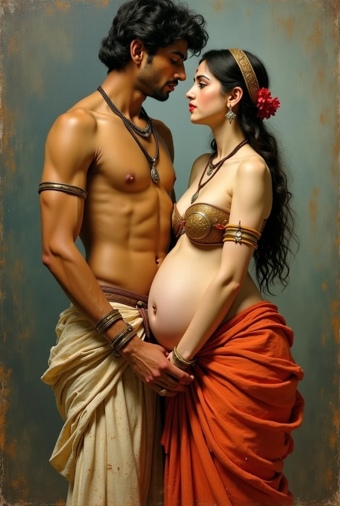 Armenian in 405 A.D, 40 years old Armenian man having fine facial hair standing straight, shirtless, hairy, has big nipples in lake seven with his pregnant wife 1