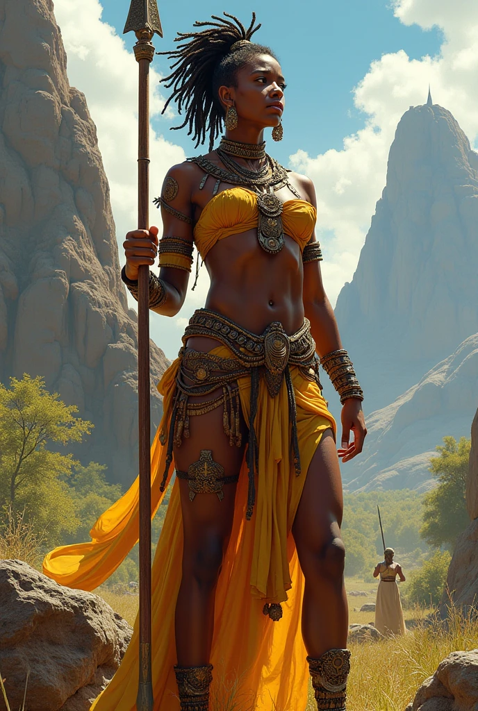 (((Simon Bisley))), (((Frank Frazetta))), ((((absurdists))), (((best quality))), (((masterpiece))), (((back))), ((((big ass perfect prancing and muscular)), voluptuous 35-year-old African woman muscular, Zulu warrior, war paintings by the body, perfect and proportional body, black-skinned savanna warrior wearing very few clothes and many necklaces and adornments by the body, long hair with colored dreadlocks, tiny thong made of zebra skin, holding a spear and walking through the savannah, dry vegetation, lots of heat, she is sweaty and her black skin glows under the scorching sun of Africa, zebra skin covering her arms