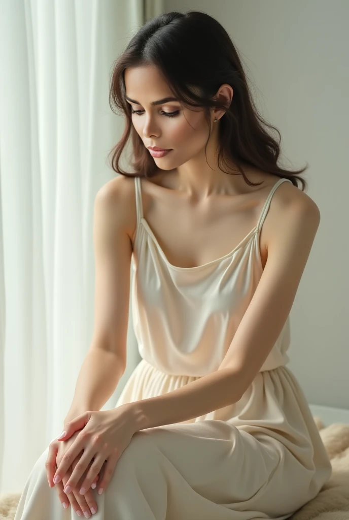 Imagine a woman sitting on the edge of a beautifully ornate, vintage vanity in a classic boudoir. Her dark brown hair is pinned up in a loose, romantic style, with a few tendrils framing her face and highlighting her intense green eyes. She is wearing a delicate, cream-colored satin slip dress that hugs her body, with thin straps that slide down her shoulders in an enticing manner. The slip ends mid-thigh, revealing her shapely legs as she crosses one over the other. Her posture is relaxed yet poised, with one hand resting on the vanity table, playing with a string of pearls.
The room is softly lit by a crystal chandelier overhead, casting a warm, golden light that creates a halo around her figure. The vanity mirror reflects her image, doubling the seductive effect as she gazes at herself with a confident, knowing smile. The boudoir is adorned with vintage furnishings—plush cushions, lace curtains, and an antique perfume bottle set—adding to the nostalgic, romantic atmosphere. A bottle of red wine and a single, half-full glass sit nearby, suggesting an evening of indulgence and introspection.