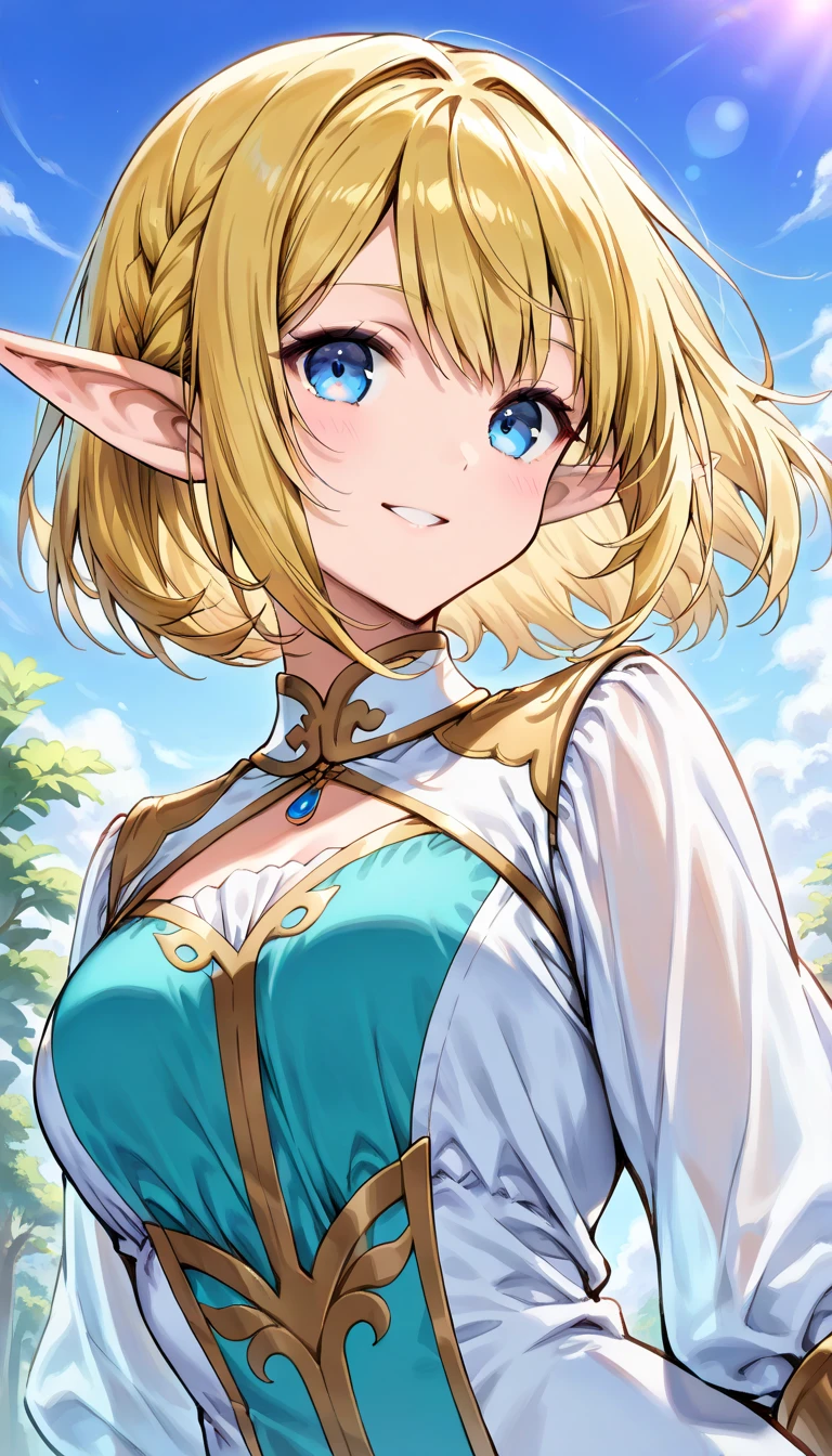 upper body close-up, breasts on display, bra, druid female elf, gold and black armor, white silk cloak, intricate floral pattern, long dark blonde hair, waterfall braid hairstyle, detailed face and eyes, young woman, forest lake with ruins background, volumetric light, god rays, long elf ears, green and white silk outfit, wooden accessories