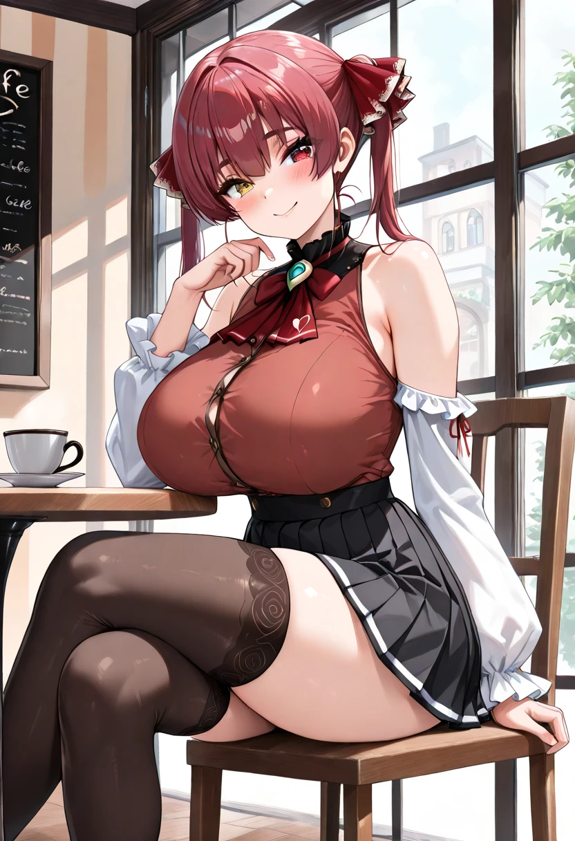 1girl in, 独奏, Nakano Nino, Pink hair, butterfly hair ornament, (barechested:1.3), (White apron),, cleavage of the breast, thighs thighs thighs thighs, Cafe background, (red blush:1.3), opening legs