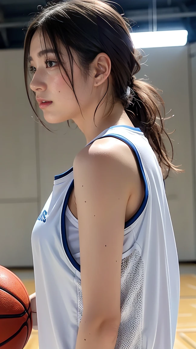 (8K, RAW Photos, Highest quality, masterpiece:1.2), masterpiece, super detailed, super high quality, (Realistic and photorealistic photography:1. 37), High-resolution RAW color photos, Very delicate and beautiful, highly detailed, 8k wallpaper, wonderful, detailed, Very eye, very detailed, very detailed skin, very thin fingers, very detailed nose, very detailed mouth, Perfect Anatomy, BREAK,18 year old girl, very short hair,  huge breasts, colossal tits, (perfect body shape:1.1), Big Natural Color Lip, (Details High quality, realistic depiction of eyes:1.3), BREAK, (basketball sportswear, sporty short pants:1.2), play basketball, BREAK, (gymnasium:1.2),  bold sexy pose, hposing Gravure Idol, full body photo