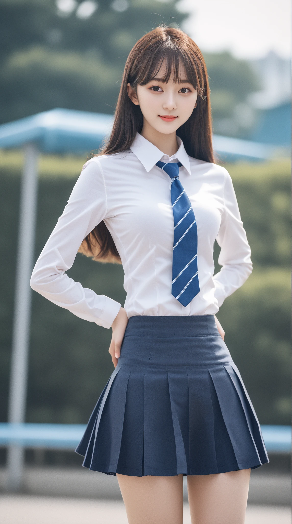 mix4, (16 K, Raw photography, Top image quality, masterpiece: 1.45), (realisitic, Photorealsitic: 1.37), one girls, cute little, A city scape,, profetional lighting, photon maping, school classrooms, physically-based renderingt, dark brown hair,pony tail hairstyle, Well-groomed and beautiful eyes、((二重まぶた))、Transcendent Cute Girl, (((student clothes、blazers、Long sleeve shirt worn by Japan high school girl、Ribbon Ties、Dark blue mini skirt,、Dark blue socks、Black loafers))), Top Quality Photos, hight resolution, 1080p, (clearface), (Detailed face description), (Detailed hand description), (masterpiece), (Exquisite CG)、extreme light and shadows、dishevled hair、master work、abundant detail、(Fine facial features)、(top quality photo)、(masuter piece)、(A detailed eye)、Look in front of you、Fine clavicle、((Slender big))、(((Japan schoolgirl wears a long-sleeved shirt)))、((Neat and clean idol))、((School Gate、school ground、School building in the background))、(Shooting from random perspectives)、(((Anyway cute)))、耳Nipple Ring、A big smile、Drawing the whole body from the knees、Do not draw nasolabial folds、(((Sports bags used by Japan schoolgirls)))、(Big breasts that hang down big:1.2)、Big buttocks with tension、Two arms and two legs、(((from the front side:0.7)))、bare hand、(((Left and right symmetrical eyes)))、Standing Pose、Put your hands on your desk、Do not remove the tie from the jacket、