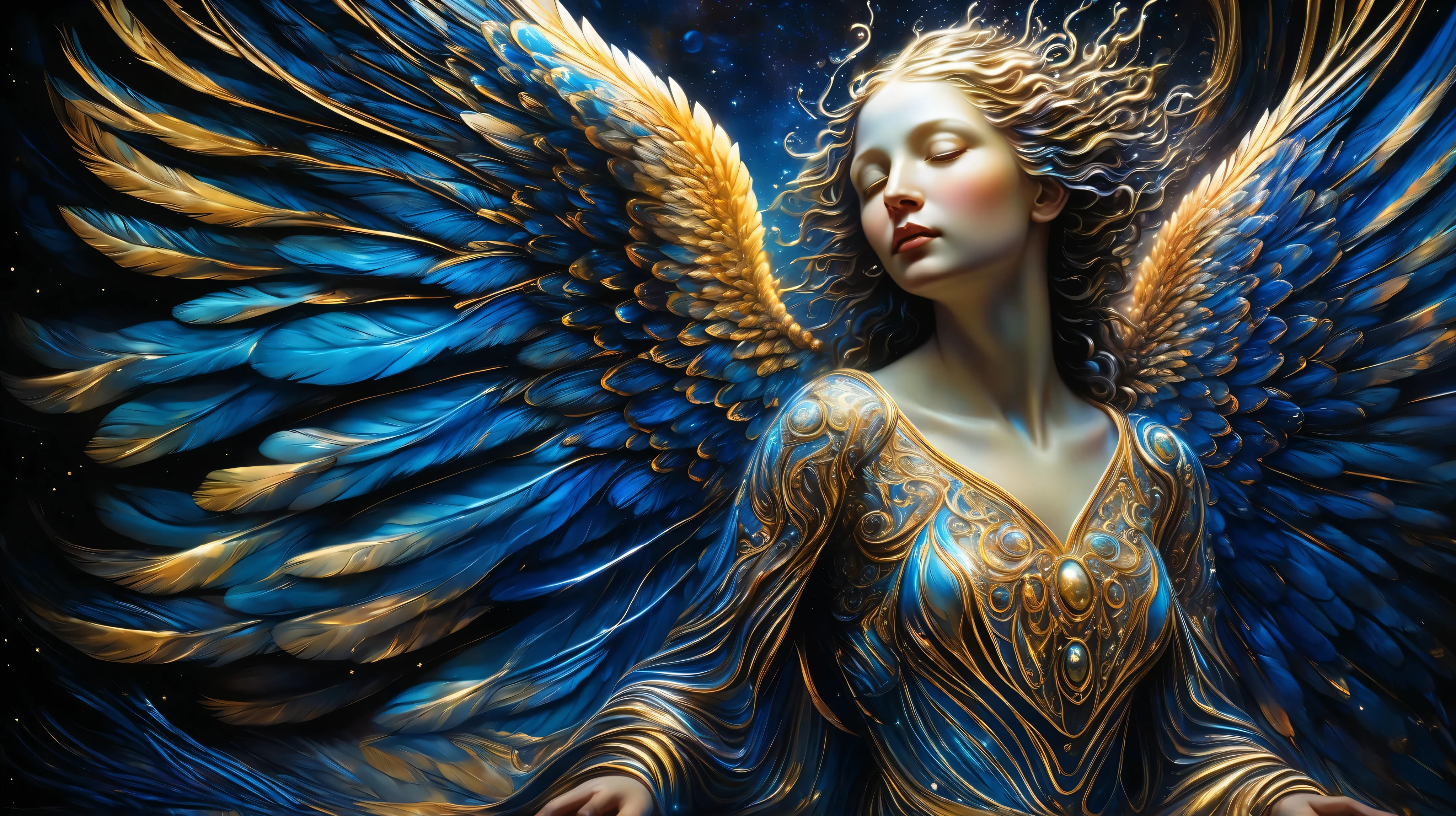 A majestic seraphim with flowing striped wings, each feather intricately patterned with glowing celestial stripes, floating in a surreal, ethereal space filled with shimmering particles and soft light. The background features a blend of deep blues and golds, with subtle neon accents. The style is reminiscent of baroque oil paintings with thick impasto and chiaroscuro lighting, inspired by the works of Rembrandt and Alex Grey. The overall atmosphere is one of divine wonder and cosmic mysticism.