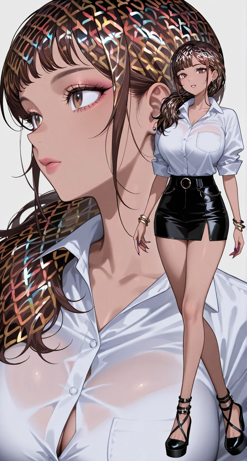 ((masterpiece)),(((best quality))),((character design sheet)), ((full body view)) illustration,Catalogue cover of sex slaves,1girl, thick thighs, ((detailed face:1.4)) Just the right kind of 14-year-old japanese sunburn pregnant kuro Gyaru for promiscuous sex friend, rough sketches, between breasts,big breasts,wearing an short apron without any clothes on and Chain of sex slaves,hair accessories,seductive grin smug,solid color backdrop, clean backdrop,