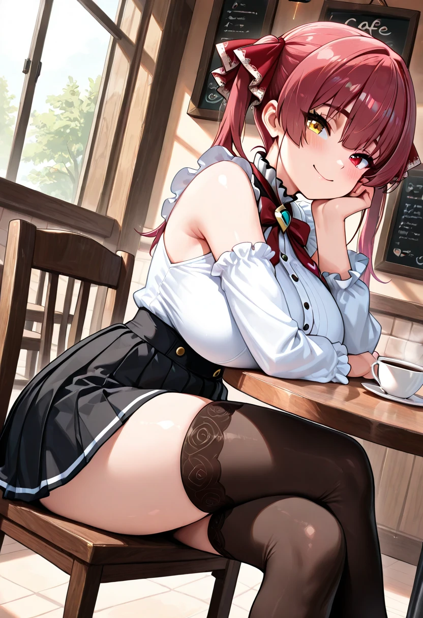 (((masterpiece, Highest quality, High resolution, 超High resolution, Perfect Pixel, Depth of written boundary, 4K, RTTX 10.0))), Beautiful Anime Woman, Beautiful art style, Anime characters, ((Smooth texture, Realistic texture, Anime CG Style)), Exact finger count、Exact number of legs、(Exact number of arms:1.0, Exact number of hands:1.0), (Perfect hands, Perfect Anatomy), Cinematic, Realistic, Extremely detailed CG, Daytime lighting, Perfect lighting, Best Shadow, The best natural light, whole body, Perfect body, Slender body, ((bangs, Dark reddish brown hair, Stylish and cute twin tail hairstyle), Long Hair), (Detailed face, Cute Face), (A grown woman standing with her own hand lifting up her skirt:1.7), (black and white maid outfit, Frilled maid outfit, Knee socks, pumps:1.3)、Angle from the front, ((セクシーでかわいいRed panties:1.3), (Glossy satin panties, Side-tie panties, Lace panties:1.3), (Red panties, garter belt:1.3)), (Beautiful big boobs), (Beautiful and thin thighs:1.3), Feeling embarrassed, (blush:1.2), (Very embarrassed look:1.5), (maid Cafe, Tables and chairs, Many male customers in the background, The male customers are chatting:1.4)