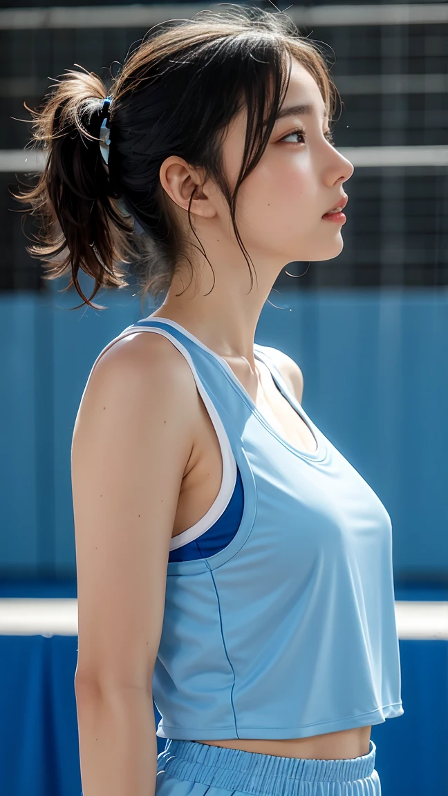 (masterpiece, Highest quality:1.2), 8k, Absurd, (Upper Body:1.2), violet, Gardenia, beautiful girl, (Pretty face, Detailed face:1.2), He is wearing a short tank top and an open-zipped hoodie......,I can see your chest,Nice ass,Wear a New Era cap,View your audience, Film Grain, chromatic aberration, Sharp focus, High resolution, Face Light, (Simple Background, Dull Blue Background:1.3)