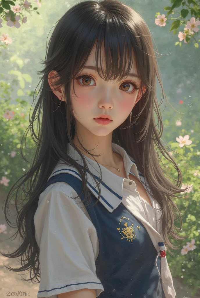 A girl，petite，realisticlying， The upper part of the body， Realistis，Flowering trees，Floating hair， Detailed face --auto