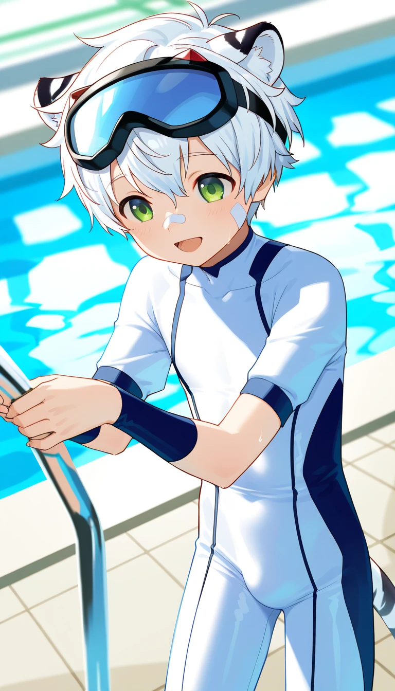 (solo:2), (boldline:-1.7), (swimming in water:1.5), (arched back:1.1), ((bubble)), (spread legs:1.2), (((fang))), (((best finger))), BREAK (best quality:1.5), (absolutely resolution:1.5), (ultra detailed:1.5), (masterpiece:1.5), (perfect face), (detailed face), (detailed eyes), (best eyes), (cute face), (shota:2), BREAK (topless:1.5), BREAK (white speedos:1.5), (swimming goggles on head:1.3), (see throgh wet clothes:1.4), (bulge:1.6), (skinny:1.3), (spiked hair), BREAK (light blue hair:1.5), (wine red eyes:1.4), (eyes with highlight:1.6), ((mole under eye)), (sweaty skin), (chuckling:1.5), ((earrings)), (shiny skin:1.3), BREAK (stadium), (pool:1.5), (sunlight), ((wind blowing)), (((nipple))), ((abs)), (groin), water splashing, from below,
