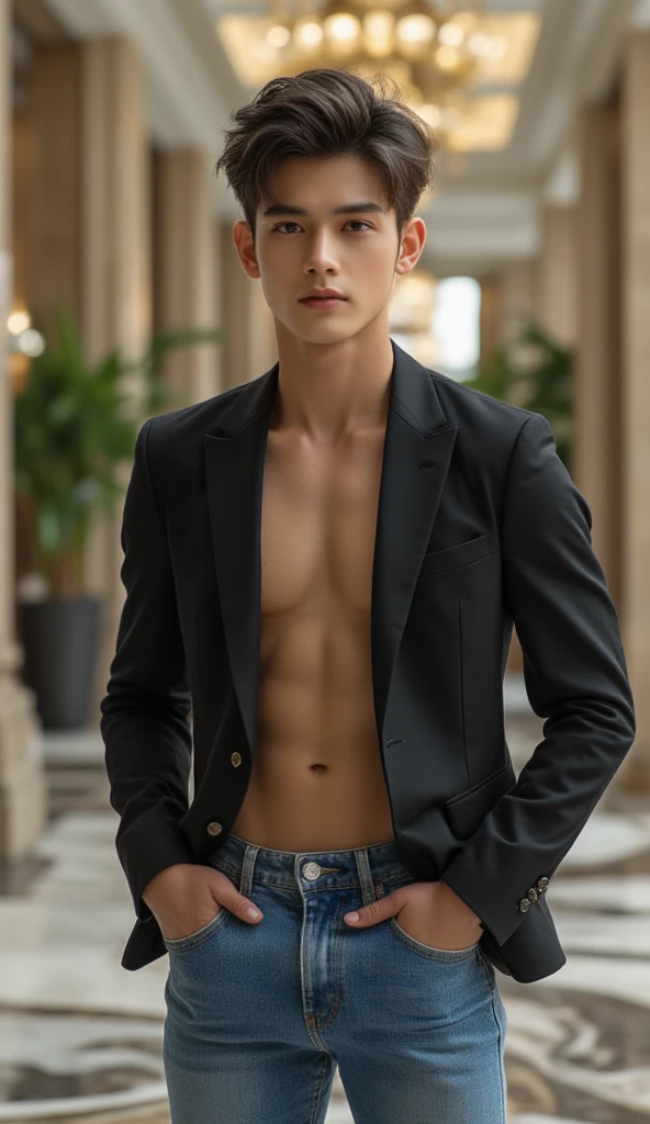 RAW photography, 1boy, male focus, topless young guy, messy hair, looking at viewer, on the street, Beautiful lighting, deep shadow, Best Quality, masterpiece, Ultra-high resolution, photo-realistic, blurry background, wearing satin pajamas shorts, nylon shorts, material is shiny