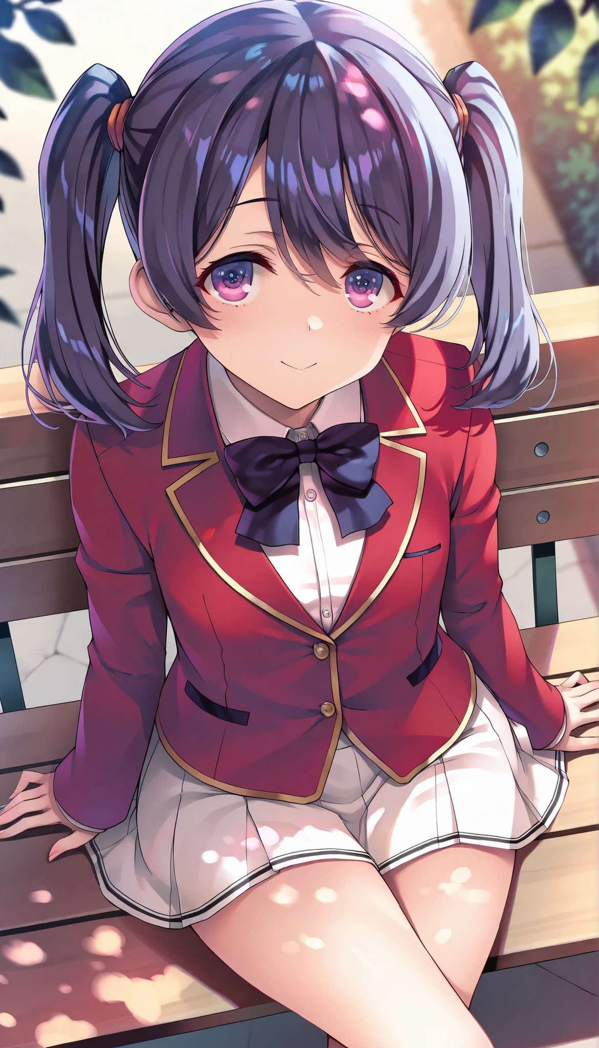 (mei-yu wang:1.3), 
white shirt, red jacket, collared shirt, white skirt, bowtie, medium_breasts, 
(minamoto_(mutton) :1.0),(mana_(remana):0.8),(satou_kuuki :1.0),(belko:0.7),(as109:0.9), 
1girl, solo, crossed legs, sitting, looking at viewer, outdoors, day, blurry, leaf, sunlight, bench,  
from above,smile, closed mouth,
masterpiece, best quality, absurdres,  