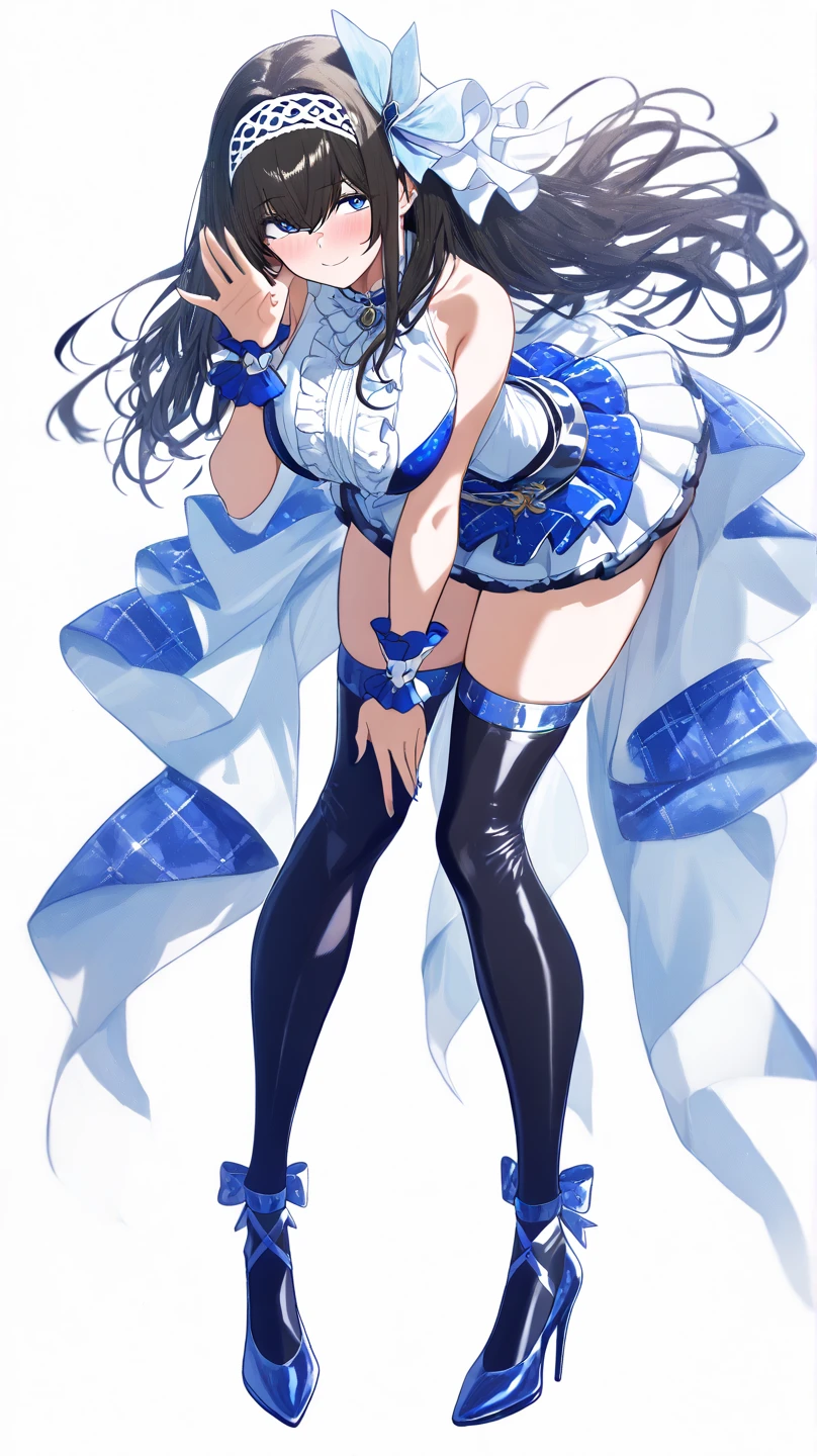Nice Buddy、((Big sister)、25-years old、Hanging eyes、爆乳、a wet body、perfect bodies、sea side、Top image quality、top-quality、超A high resolution、masterpiece、Little Red Hat、Black hair,Gray gradient hair、cleavage of the breast、Blue Dress、thighs thighs thighs thighs、fishnet tights、Golden boots、Punk Fashion Belt、Sleeveless、length hair、Feather neck warmer、C letter hair ornament、Accessories in the form of cherries on the waist、On the waist7Accessories in the form of、Gold bangles、Pose Seductive,without background、White background、