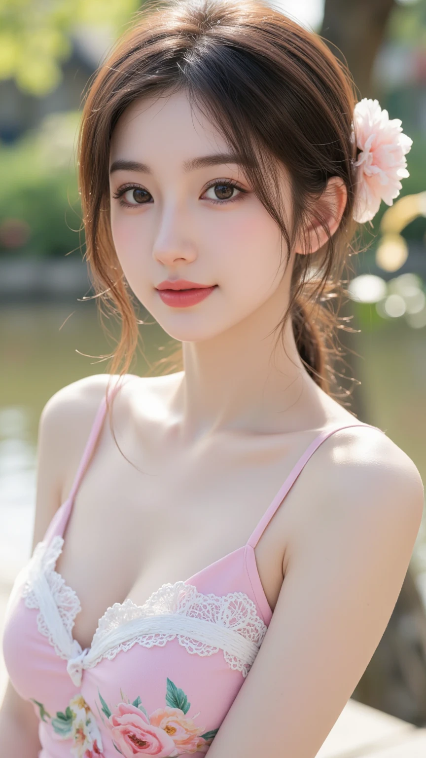 Mustepiece, top quality, illustration, ultra-definition, fine details, high resolution, 8K wallpaper, perfect dynamic composition, beautiful detailed eyes, wearing a dress, natural colored lips, random cute pose, perfect and beautiful face, cute, sexy face, sunset, ecstasy face, feminine face, (cherry blossoms, cherry blossoms, falling cherry blossom petals, cherry blossom blizzard, falling petals), waving in the wind Hair, hair fluttering, pink cherry blossoms, petals dancing, cherry blossom snowstorm, wonderful scenery, sunrise, background sun, wind,