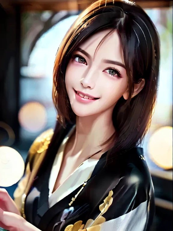 portrait photo of elexissinclaire wearing esjacket at a nightclub sitting at bar, wicked smile, (masterpiece) (best quality) (detailed) (8k) (HDR) (wallpaper) (cinematic lighting) (sharp focus) (intricate)