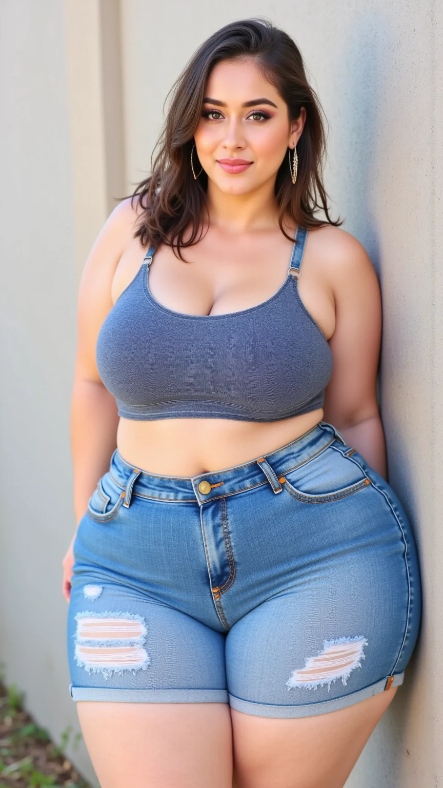 Full body solo photo, big breasts, chubby, flabby, [protruding belly, abdominal bulge], visible curves, thick thighs, cinematic, 8k resolution, wide and big ass, fat, big breasts dropped, landing, high heels, short jeans shorts, transparent, big crotch, (((highly detailed:1.3))), (Best quality, 4k, Masterpiece:1.3, 3D, wide ass, wide hips, bright eyes, full body, (((very large buttocks))),  (very hips, dynamic, motion blur: 1.4), brilhante_olhos, Reality, HDR (High Dynamic Range), Ray Tracing, NVIDIA RTX, Super Resolution, Unreal 5, Post-Processing, Anisotropic Filtering, Depth of Field, Maximum Clarity, Multilayer Textures, Surface Shading, Accurate Simulation of Light Interaction Material, Perfect Proportions, Two-Tone Lighting, Large Aperture, Low ISO, White Balance,  Rule of thirds, 8K RAW, efficient sub-pixel, (best quality), woman masterpiece,(Best quality, 4k, detailed lips, detailed eyes, hanging chest, visible curves, voluptuous body, girl, beautiful, perfect lighting, milf, navel, abdomen, (masterpiece, high quality: 1.1), freckles on body, long hair, skindentation, neckline, smile, (((detailed realistic face)))), (((hyperdetailed))), enlarged, symmetrical face, detailed pupil, expressive eyes, makeup, photography real, modern look, (((Realisitc:1.5)))
