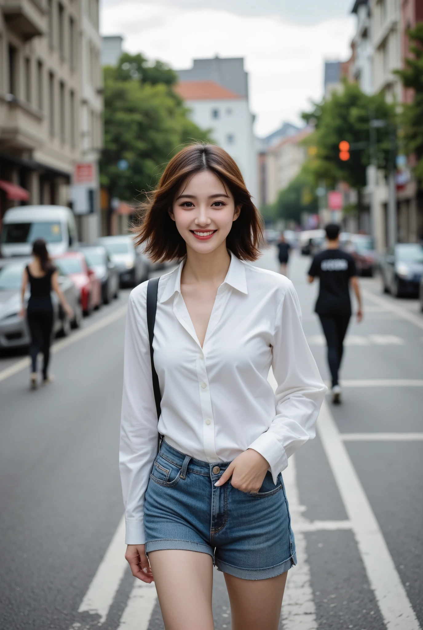 Candid portrait of a 20-year-old woman with short hair .walking down the street with a smile in her shirt and short jeans . bcd1